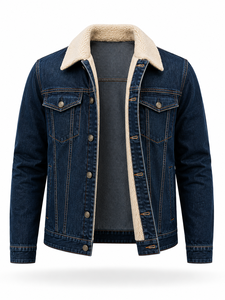 Chaqueta de Mezclilla Azul Oscuro para Hombre con Cuello de Borrego, Cierre de Botones, Corte Regular, Casual, Otoñal, Resistente al Viento, Ecológica, 100% Algodón - Product Image 4