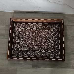 Premium Artisan Bone Inlay Round Vanity Organizer <b>Tray</b> with Intricate Geometric Inlay Pattern for Jewelry, <b>Perfume</b>, Cosmetics - Product Image 3