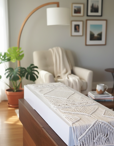 White Macrame Cotton Handmade Table <b>Runners</b> Boho Style Size: 14 X 78 Inches Woven Knotted Design <b>Runner</b> for Home Decor - Product Image 4