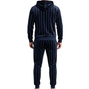 Survêtement en velours bleu marine durable pour homme, avec sweat à capuche zippé et poignets côtelés, ensemble de sport assorti en velours bleu foncé, tenue décontractée pour la détente - Product Image 2