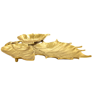 Plateau de service en aluminium moulé, design luxueux en forme de feuille, finition nickel brillant argenté et or brillant, pour la restauration hôtelière. - Product Image 4