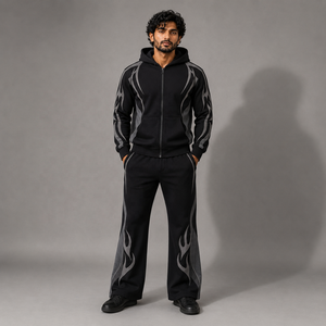 Ensemble de survêtement unisexe noir et gris délavé à l'acide, imprimé, 100 % coton, avec veste zippée à capuche et pantalon large pour un style décontracté et urbain - Product Image 1