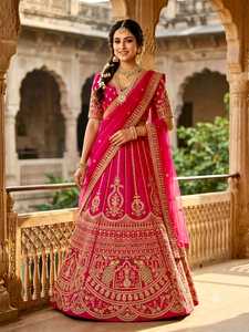 Ensemble de mariée sophistiqué pour femme, comprenant un Lehenga en tissu de soie Kinjal de couleur rose, avec des détails travaillés et un tombé fluide. - Product Image 3
