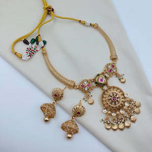Premium Gold Plated Geometric Imitation <b>Pearl</b> and Stone <b>Necklace</b> Earring <b>Set</b> - Product Image 1