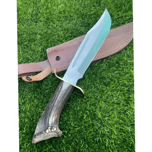 Customizable Stainless Steel Hunting Bowie Knife Fixed Blade Stag Horn Handle Outdoor Camping Hunting Knife with <b>Leather</b> Sheath - Product Image 1