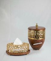 Boîte à mouchoirs de luxe dorée gaufrée, écologique, grande et personnalisée, avec ensemble poubelle assorti et couvercle en bois, pour la décoration intérieure