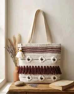 Bohemian Striped Cotton Tote <b>Bag</b> With Blue Tassels Women's Shoulder <b>Bag</b> Casual <b>Beach</b> Handbag <b>Lightweight</b> Open Top Design ready - Product Image 4