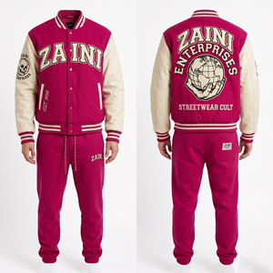 ZAINI ZI-075 Unisex Varsity Tracksuit 320 GSM Premium Cotton Fleece Green for Contrast Panel Custom <b>Embroidery</b> Print Patch - Product Image 1