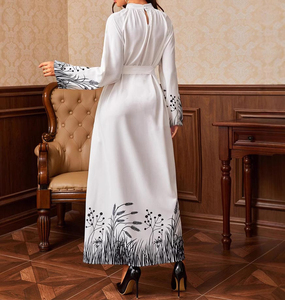 Robe longue pour femme à col montant, manches longues, ceinturée, avec poignets et ourlet à imprimé botanique, pour occasions décontractées ou de fête - Product Image 4