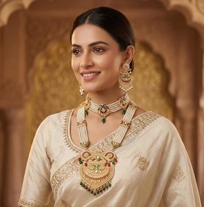 Parure de bijoux plaqué or avec perles d'imitation et diamants, cristaux blancs, motif floral, style ethnique, collier et boucles d'oreilles pour femme - Product Image 1