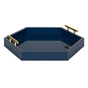 Plateau décoratif géométrique moderne de luxe en métal bleu marine avec poignées dorées pour la décoration de la maison, hôtel, villa - Product Image 1