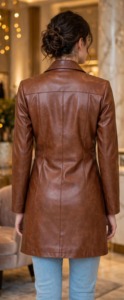 <b>Womens</b> Cognac Brown Lambskin Leather <b>Coat</b> Tailored Mid Length Trench Style - Product Image 2