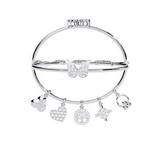 Multi <b>Charm</b> Diamond <b>Bangle</b> in Lab Grown 10k 14K White Gold | Heart Tree of Life Cross Designer Pave <b>Charm</b> Diamond Women Jeweller - Product Image 4