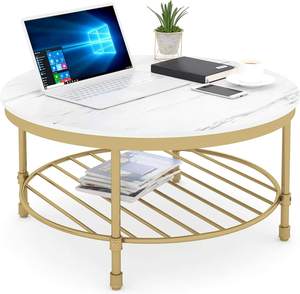 Modern <b>Coffee</b> <b>Table</b> with Open Storage Shelf Industrial <b>Rustic</b> Accent Center <b>Table</b> with Marble White Wooden Top Gold Metal - Product Image 1