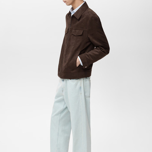 Veste en daim marron foncé pour homme, coupe ajustée, fermeture éclair, style trucker, luxe, cuir souple, vêtement d'extérieur pour la mode masculine - Product Image 3
