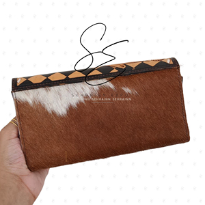 Custom Checkered Design Genuine <b>Leather</b> Hair On Hide Wallet Women <b>Tooled</b> Western Cowhide Wristlet Clutch with Turquoise Stone - Product Image 4