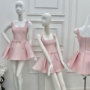 Robe mini en satin rose uni, style coréen, tissée, avec col carré, sans manches, taille à nœud, coupe trapèze, pour femme, tenue décontractée d'été, OEM - Product Image 2