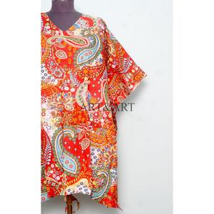 Caftán corto rojo coreano hecho a mano, 100% algodón, vestido playero con estampado floral y decoración con cordón, caftán de moda. - Product Image 2