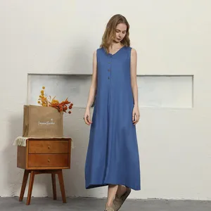 <b>Bohemian</b> Blue Cotton Linen Midi <b>Dress</b> V-Neck With Buttons Sleeveless Loose Fit Summer Casual Women <b>Maxi</b> <b>Dress</b> - Product Image 4