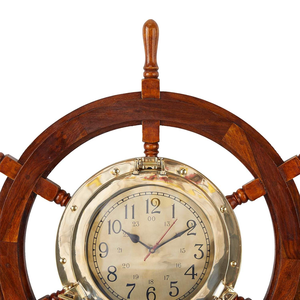 Horloge murale en bois à quartz, style hublot en laiton, décorative, vintage, nautique, maritime, pour la maison, le bureau, le salon - Product Image 2