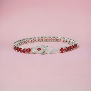 Solid 925 Sterling Silver Plated Tennis Bracelet With Red Crystal Rhinestones For Women Classic Style Party Jewelry - Product Image 2
