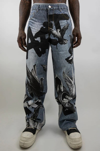 Jean droit taille haute pour homme avec imprimé numérique motif oiseau, en coton délavé, style streetwear, pantalon unisexe - Product Image 3