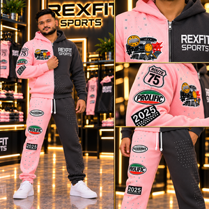 Conjunto Deportivo Rexfit 2026, Sudadera con Capucha y Cremallera en Bloques de Color Rosa y Negro, Personalizable, para Hombre, con Pantalones Jogger a Juego - Product Image 2