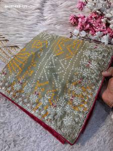 Premium Quality Moss Chiffon Silk with Bandhej Print & Foil <b>Gota</b> Patti work & RIch Pallu Saree-Mono Work Blouse Indian Supplier - Product Image 2