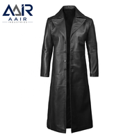 Manteau long en cuir véritable pour homme, respirant, coupe régulière, coupe-vent, pour tenue décontractée ou formelle
