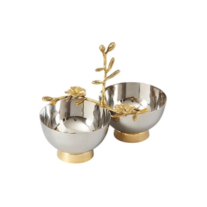 Luxury Metal 3-Bowl Serving Tray with Floral Stem Handle - Handcrafted Hammered Metal <b>Dip</b> & Snack Serving Set for Table Decor - Product Image 6