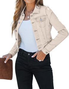 Beige wax Denim <b>Jacket</b> Women Turn-down Collar Button Closure Regular <b>Sleeve</b> Solid Color Casual Wear Spring Slim Fit <b>Short</b> Length - Product Image 2