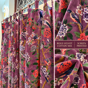 Rideaux en velours à imprimé oiseaux violet foncé |   Rideaux de fenêtre en velours de coton imprimés à l'écran |   Panneaux floraux de luxe pour la décoration de chambre à coucher - Product Image 4