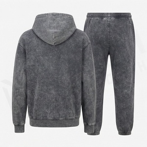 ชุดเซ็ตฮู้ดดี้และกางเกงยีนส์ฟอกสีแบบกำหนดสีได้เอง ชุดวอร์มแบบ unisex ทรงโอเวอร์ไซส์ ไหล่ตก ชุดแทรคสูทแบบสองชิ้นในหนึ่งเดียว ชุดลำลองสีพื้น - Product Image 2