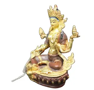 Estatua de artesanía religiosa envejecida, escultura de bronce verde de Tara, nepalí, acabado antiguo, Metal y cobre de latón - Product Image 1