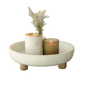 Plateau en marbre artisanal avec pieds en bois, centre de table décoratif en pierre naturelle pour bougies, décoration de table, décoration de maison de luxe - Product Image 1