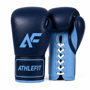 ถุงมือชกมวยหนัง Athlefit แบบผูกเชือก สีน้ำเงิน พร้อมโลโก้ AF สำหรับผู้ใหญ่ รับทำโลโก้ตามสั่ง - Product Image 1