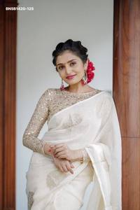 Sari en lin de qualité supérieure avec Butta jacquard brodé Zari et Pallu à pompons, Blouse brodée de sequins – Vente en gros - Product Image 3