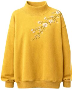 Sweat-shirt à col montant jaune moutarde pour femme, broderie, manches longues, décontracté, pull d'automne, coton doux/fibre de bambou, écologique - Product Image 6
