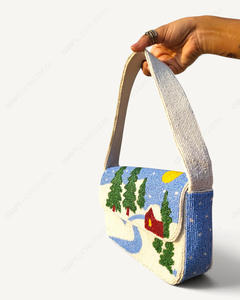 Handcrafted Beaded Winter Landscape <b>Large</b> Capacity Durable Shoulder <b>Bag</b> Snowy Village Forest Scene Purse Women Wholesale OEM - Product Image 4