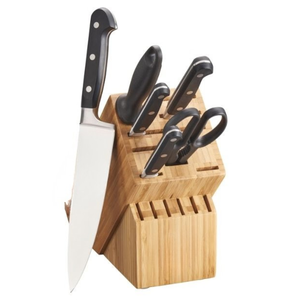 Ensemble de couteaux de cuisine en bois brun avec manches rivetés noirs, lames argentées et ciseaux pour la découpe et le hachage quotidiens - Product Image 2