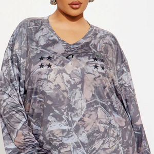 Low MOQ Unisex Oversized Long Sleeve American Football Jersey <b>Top</b> Grey Camo Print V Neck Sportswear Loose Fit Custom OEM Apparel - Product Image 4