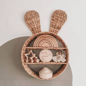 Eco friendly water hyacinth wall <b>shelf</b> kid nursery room woven rattan storage holder basket bunny rabbit <b>rustic</b> wall art hanging - Product Image 5