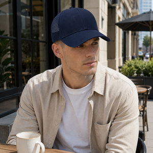 Navy Blue 6-Panel Trucker <b>Hat</b> Mesh Back Embroidered Logo Adjustable Unisex Casual <b>Cap</b> Spring Summer - Product Image 4
