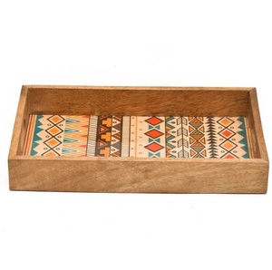 Mango Wood Enamel Tray Rectangle Serving Tray with Ethnic Pattern for Home Decor - Product Image 1