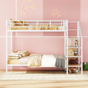Lit superposé en métal blanc double sur double avec rangement latéral, échelle et armoire intégrées, lits surélevés améliorés - Product Image 2