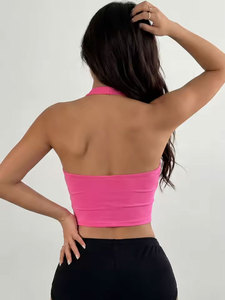 Women's Pink O-Neck Casual Silk/Cotton Satin Knitted Breathable Crop Tank <b>Top</b> Solid Color Athletic Workout - Product Image 6
