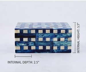 Rectangular MDF <b>Storage</b> <b>Box</b> for Jewelry Blue White Resin Checkered Woven Design Modern Versatile Eco-friendly with <b>Lid</b> - Product Image 3