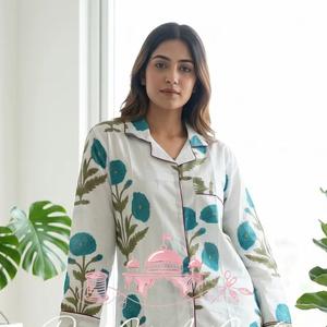 Women Floral Hand Block Printed Cotton Breathable Winter Pajama Set Elegant White Long Sleeve Button-<b>Down</b> Nightwear Shirt - Product Image 5