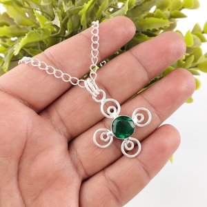 Dreamy Elegant Natural Round Shaped Green <b>Emerald</b> Gemstone <b>Pendant</b> Two Tone Chain Necklace For Women Men Handmade Jewelry - Product Image 2