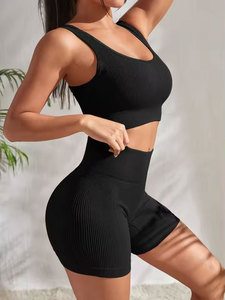 Wholesale Fitness <b>Set</b> for Women Solid Color <b>Knit</b> 2 Piece Workout Outfit Crop Tank High Waist Shorts Yoga Running - Product Image 2